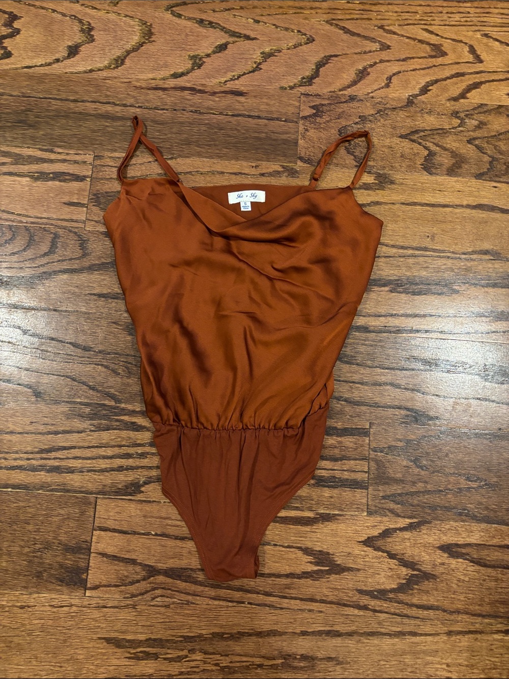 She + Sky Rust Brown Satin Cowl Neck Bodysuit